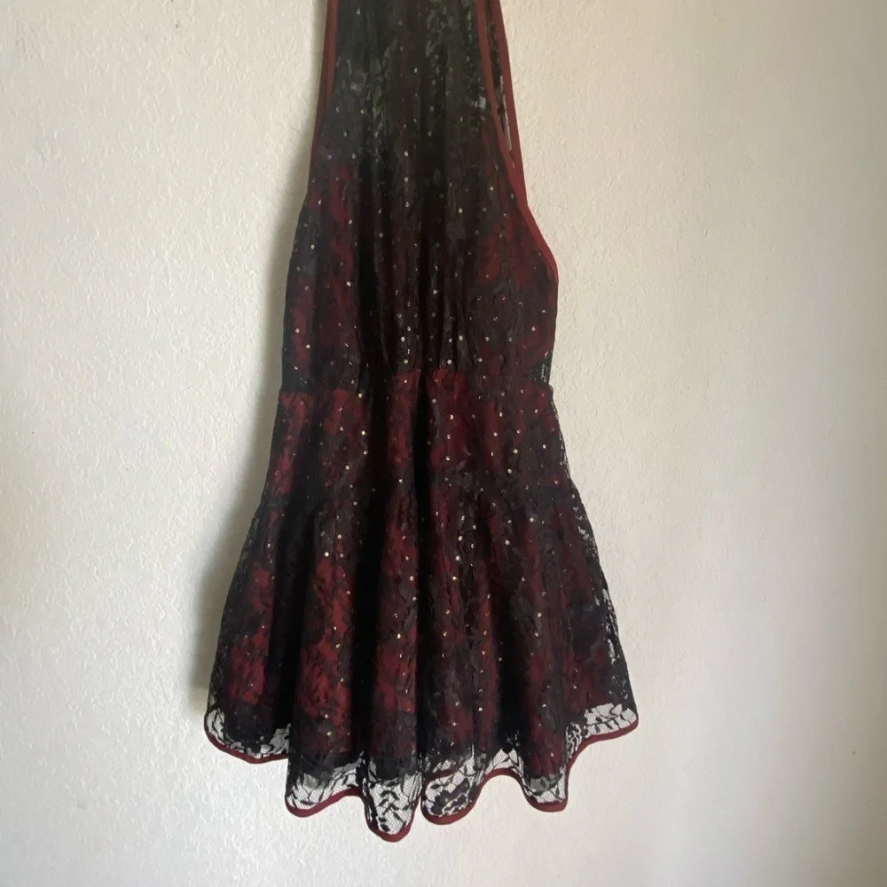 Free People Wish Upon A Star Black Burgundy Lace Halter Coquette Vampy Dress 2
